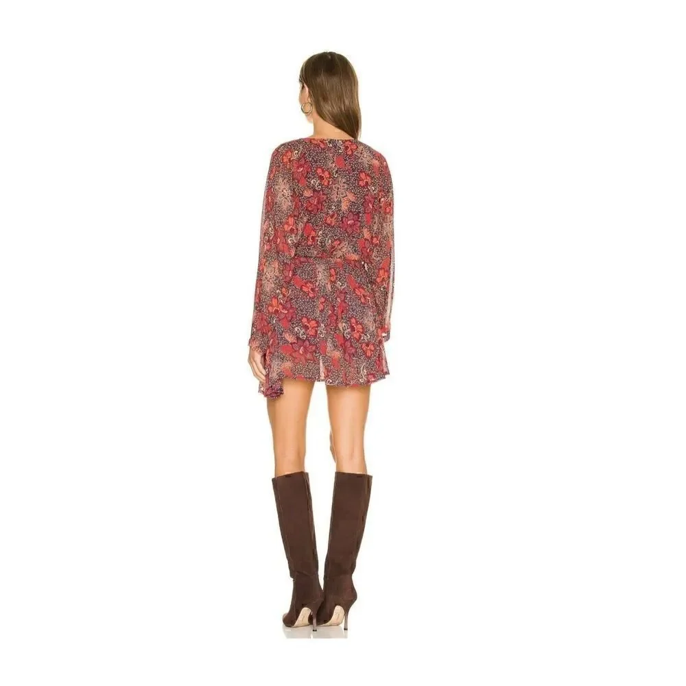 Free People Teegan Mini Dress Floral Print Orange Red Oversized Sz S NEW!
